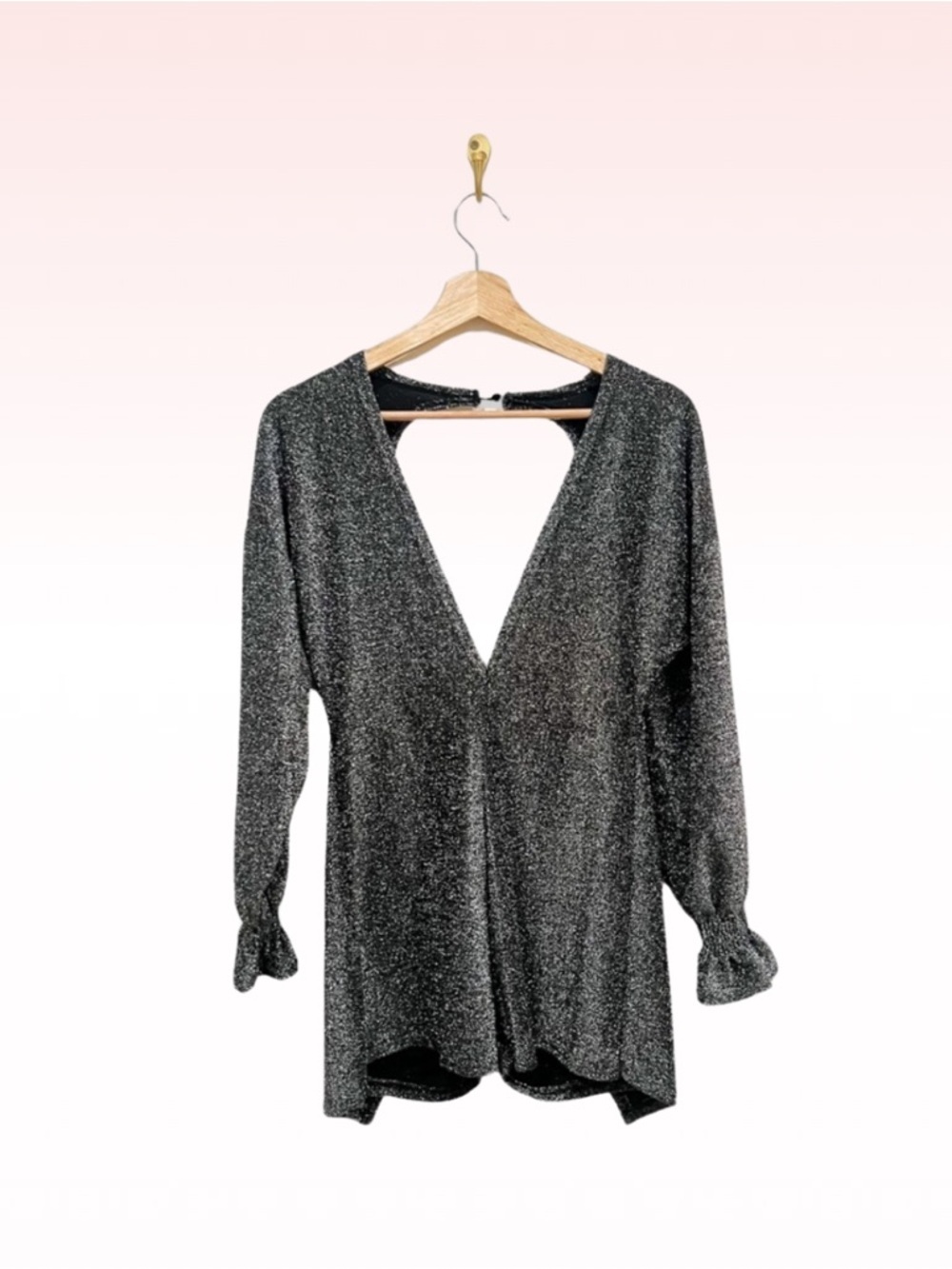 Silver Metallic Plunge Long Sleeve Romper (Sz S)